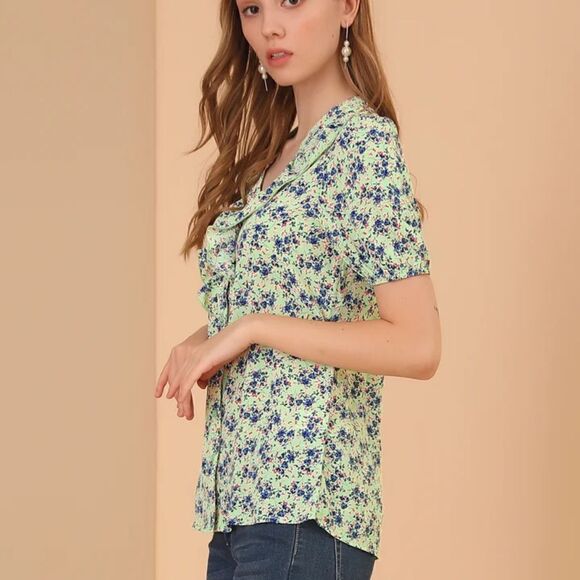 NEW Allegra K Green Floral Shirt - Picture 2 of 7